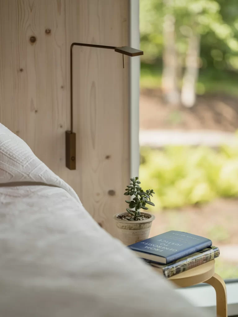 Detail of brass bedside lamp mounted on cross laminated timber wood wall above books and plant sitting on bedside table.