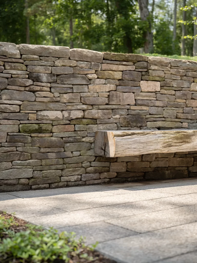 Natural wood bench inset into stone wall.