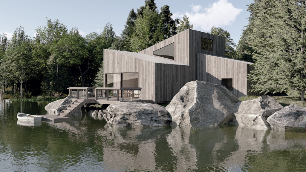 A Maine Camp is situated along the water's edge with large granite boulders.